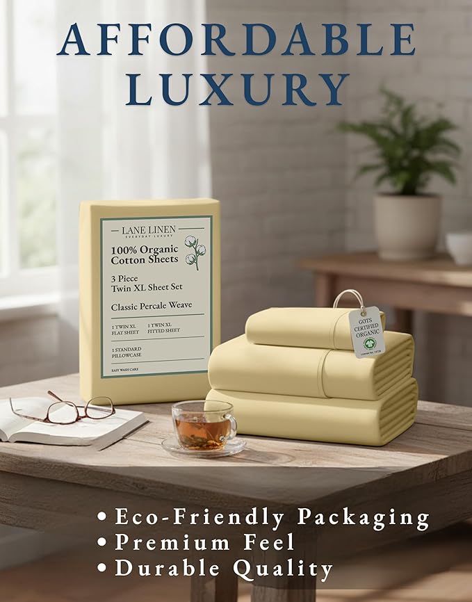 LANE LINEN 100% Organic Cotton Sustainably Produced Twin XL Bed Sheets, Mercerized Fully Elasticized Percale Perfect for Hospital Bed & Dorm Room, Reinforced Seams Twin XL Sheets-Vanilla