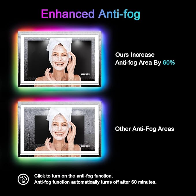 LED Mirror for Bathroom, 60"X28" with 8 RGB Backlit +3 Front Lit (Adjustable Individually), Anti-Fog, Large Lighted Bathroom Vanity Mirror for Wall,Shatterproof,Memory Function,Tempered Glass