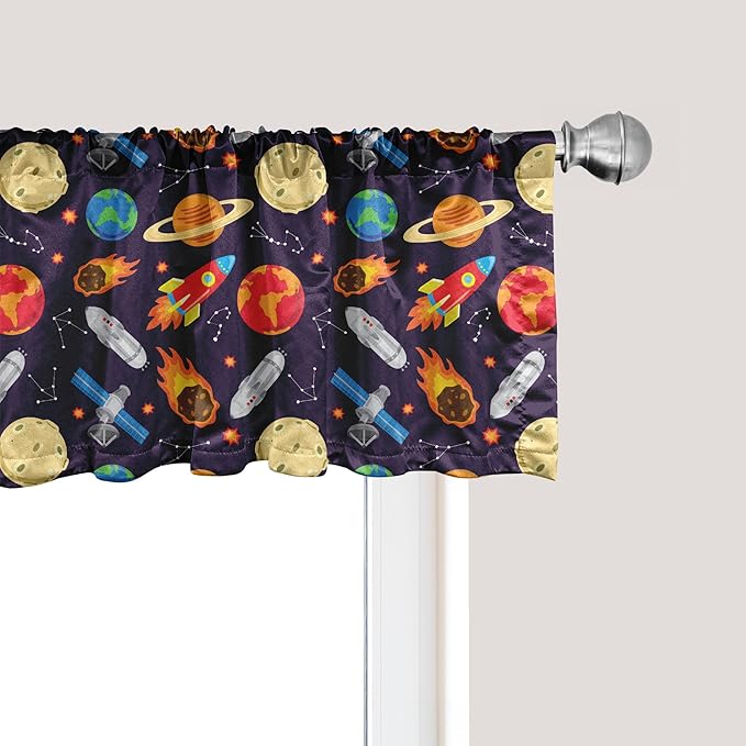 Ambesonne Space Window Valance, Universe Themed Illustration with Earth Moon Constellations Saturn Rockets Stars, Curtain Valance for Kitchen Bedroom Decor with Rod Pocket, 54" X 18", Dark Night Blue