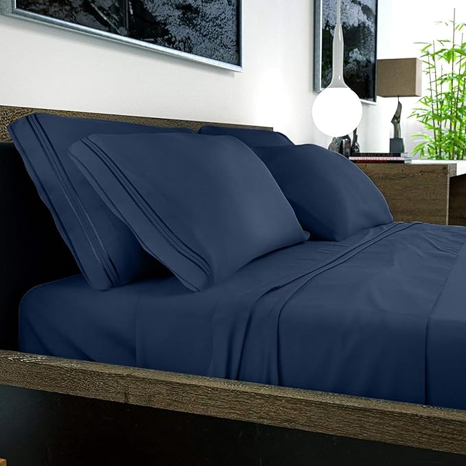 DREAMCARE King Size Sheets Set – 6 pcs Cooling Bed Sheets – up to 15” Deep Pocket King Sheet Set – 2500 Supreme Collection – Extra Soft 100% Brushed Microfiber Hotel Luxury with Side Pocket – N Blue