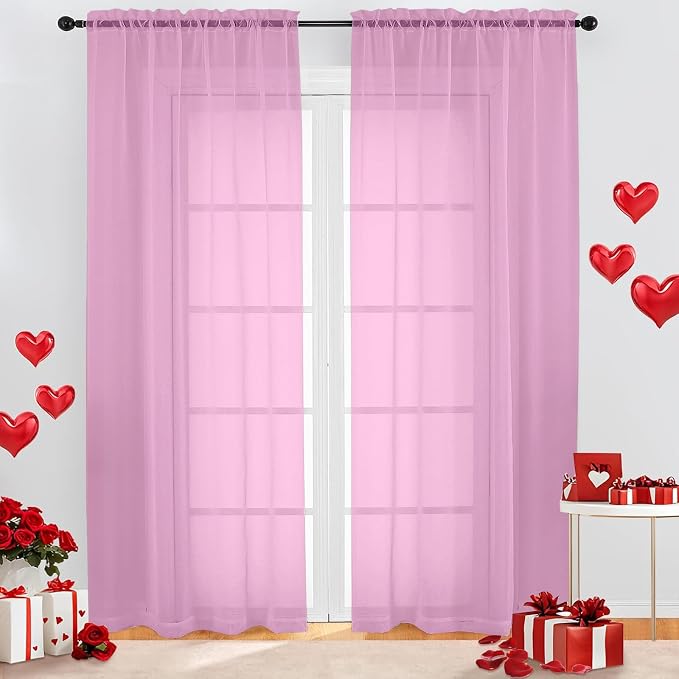 Sheer Pink Curtains, Sheer Curtains 84 inch Length 2 Panels Set, Rod Pocket by OWENIE
