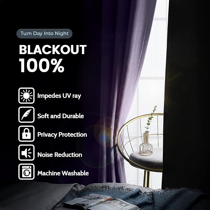 SimpleHome Lilac 100% Blackout Curtains Room Darkening Living Room 84 Inch | - Image 3