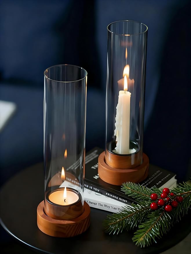 NUPTIO Dripless Taper Candle Holders with Wax Catchers: Set of 2 Hurricane Glass Candlestick Holders with Metal Bobeches for Easier Reuse - Brown Wood Modern Table Centerpiece for Outdoor Dinner