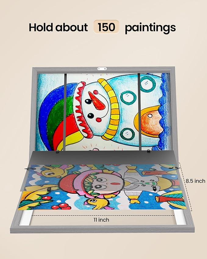 BAIJIALI Grey Art Frames for Kids Artwork - Front Opening Holds 150 Drawings, 3D Crafts - 4 Packs 8.5x11 with mat or 9x12 without Mat