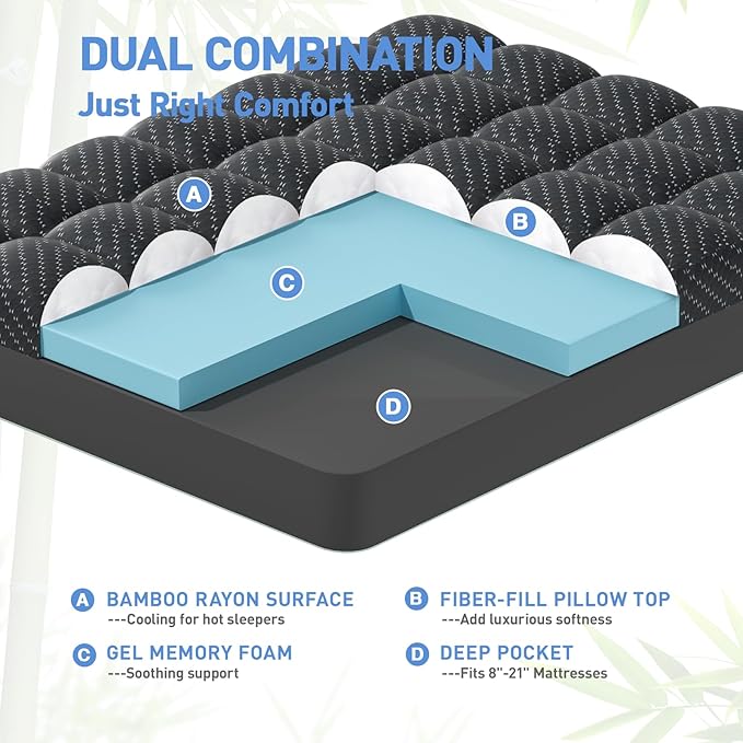 Dual Layer 3 Inch Memory Foam Mattress Topper Full Size, 2 Inch Cooling Gel Memory Foam Plus 1 Inch Pillow Top Mattress Pad Cover, with 8-21 Inch Deep Pocket, Black