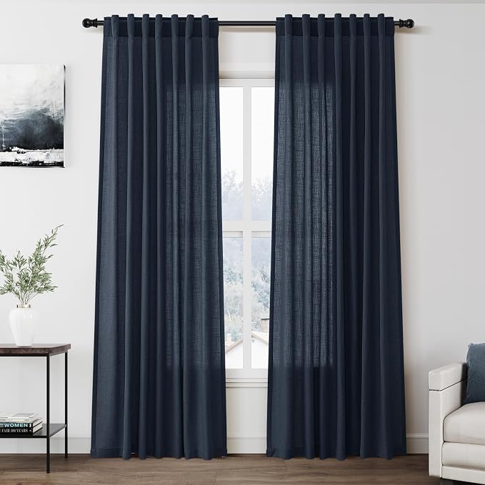 Vintage Blue Linen Curtains 84 Inch Length 2 Panels Set by Nanspring