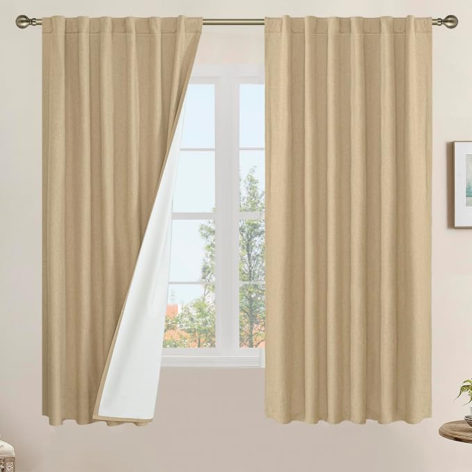 Natural 100% Blackout Linen Bedroom Curtains 63 Inches 2 Panels | Full Room by LAMIT