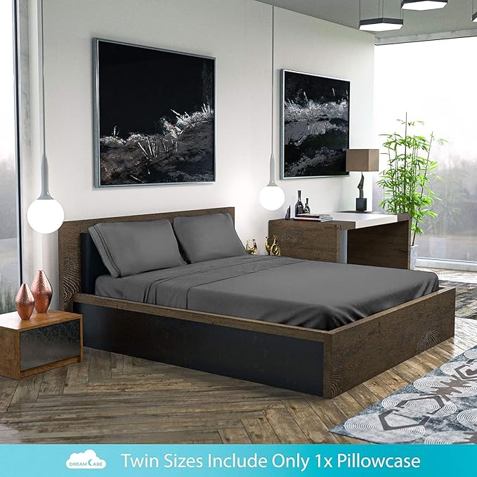 DREAMCARE Queen Size Sheets - Cooling Bed Sheets - 4pcs Set - up to 15" Deep Pocket Queen Sheet Set - Sheets Queen Size Bed - Soft & Long Lasting 100% Fine Brushed Polyester with Side Pocket - DGray