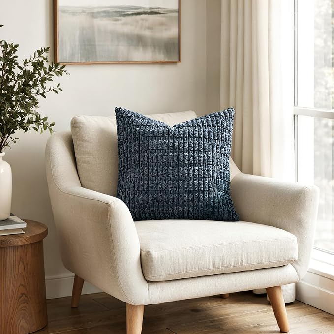 MIULEE Corduroy Decorative Throw Pillow Covers 18x18 Blue Pack of 2 | Soft Boho - Image 4