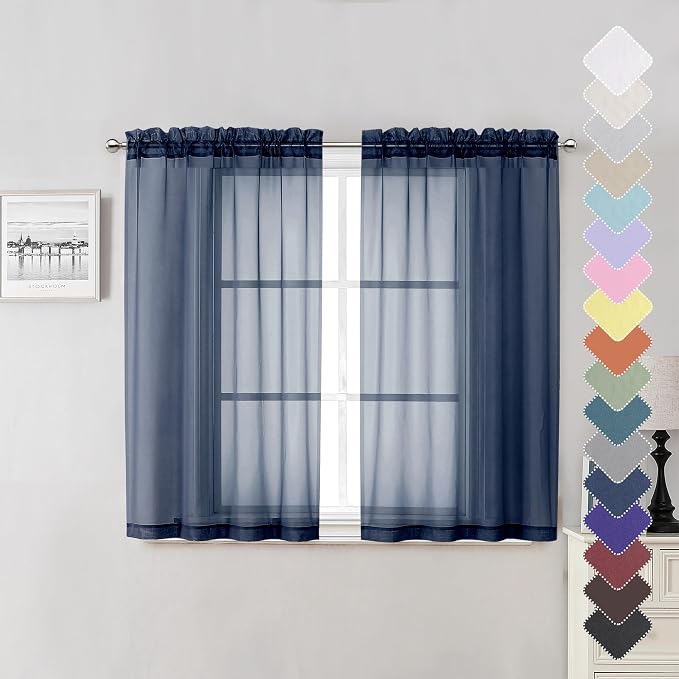 Navy Blue Sheer Curtains 45 Inch Long 2 Panels, Short Voile Drapes by Lecloud