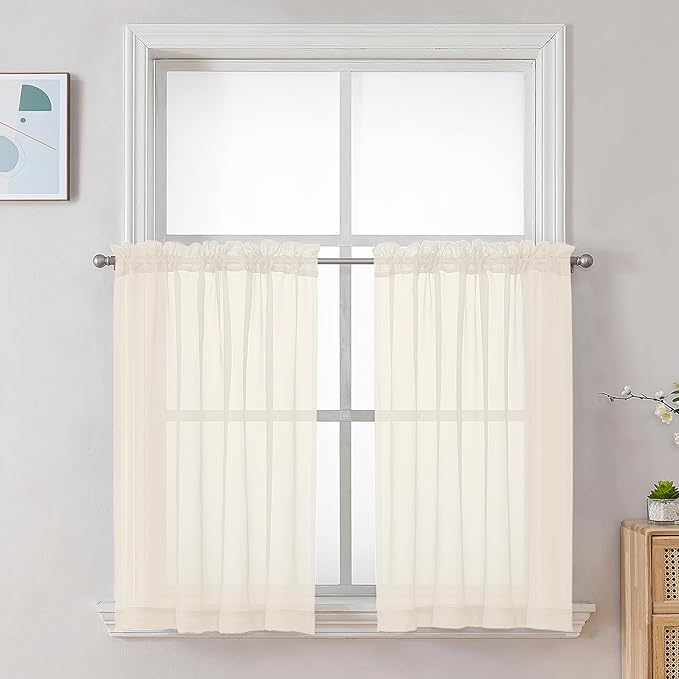 Chyhomenyc Cream Sheer Curtains 36 inch Length 2 Panels Set, Light Filtering Voile Short Window Curtians for Bathroom Living Room Farmhouse Small Windows, Each 42Wx36L in, 2PCS