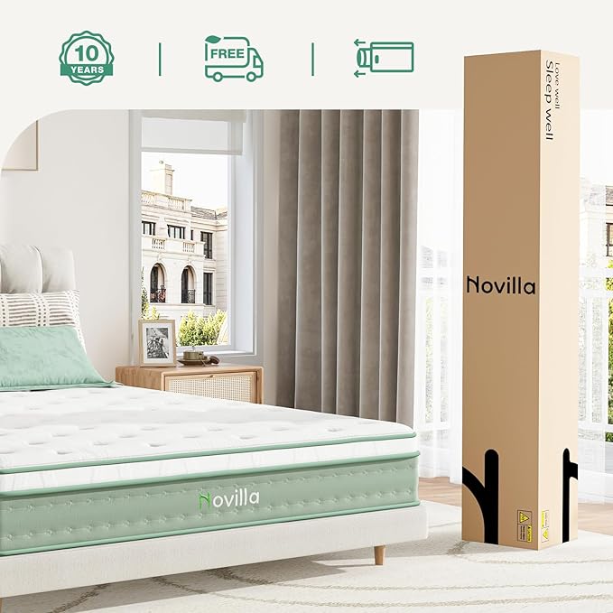 Novilla Queen Size Mattress, 10 Inch Hybrid Mattress in a Box, Foam with Individual Pocket Coils for Quality Sleep, Pillow Top Queen Mattresses with Quilted Cover, Release Pressure