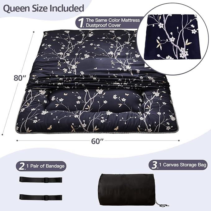 MAXYOYO Japanese Floor Mattress Navy Floral Printed Futon Mattress Foldable Floor Bed Roll Up Camping Mattress Floor Lounger Queen Size Bed Mattress