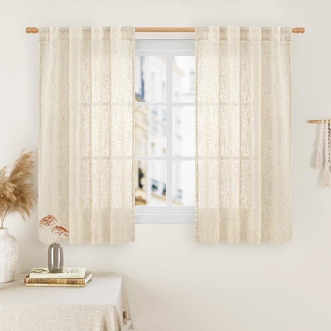 Short Window Linen Curtains 48 Inch Length 2 Panels, 34 x 48 Inch | Beige by LAMIT