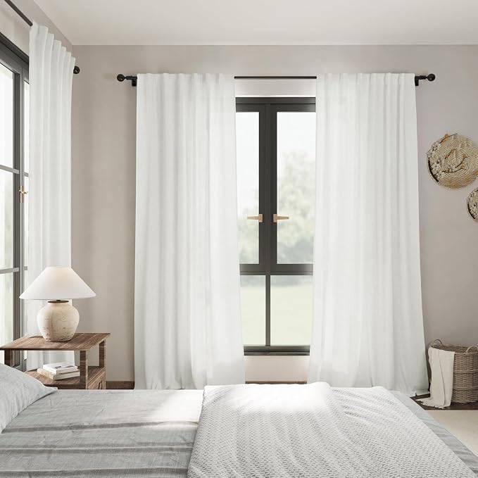 Off White Linen Blend Semi Sheer Curtains 86 Inches Long 2 Panel Set Pocket - Image 7
