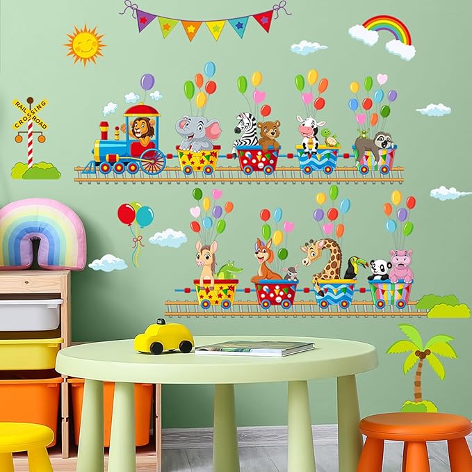 Jungle Animal Wall Stickers Forest Safari Wall Decals Kid Room Nursery Baby Bedroom Décor (Animal Train Balloon)