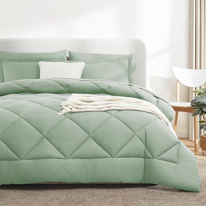 CozyLux Full Size Comforter Sets Sage Green - 7 Pieces Bed in a Bag Full, Luxury Soft Bed Set for All Seasons, Bedding Set with Down Alternative Comforter, Sheets, Pillowcases & Shams