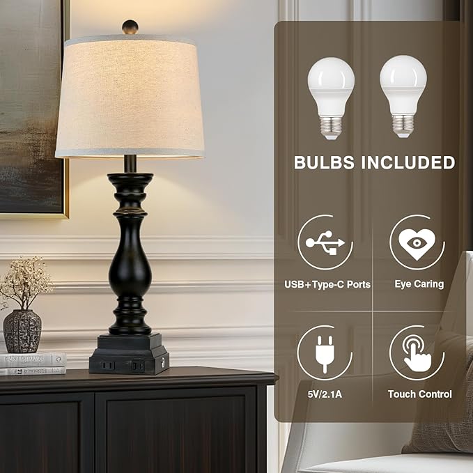 28" Farmhouse Table Lamps Set of 2 with USB C+A Ports and AC Outlet, 3 Way Touch Tall Vintage Bedside Lamp for Living Room, Black Rustic Nightstand Lamp for Bedroom Office