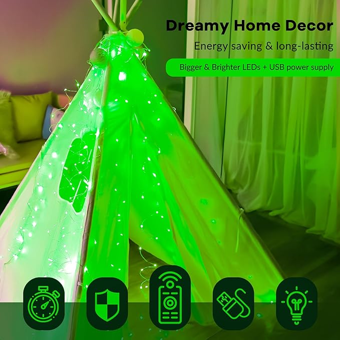 HXWEIYE 300LED Fairy Curtain Lights, 9.8x9.8Ft USB Plug-in 8 Modes Christmas String Hanging Lights with Remote for Bedroom Backdrop Wedding Party Indoor Wall Decor, Green, Standard