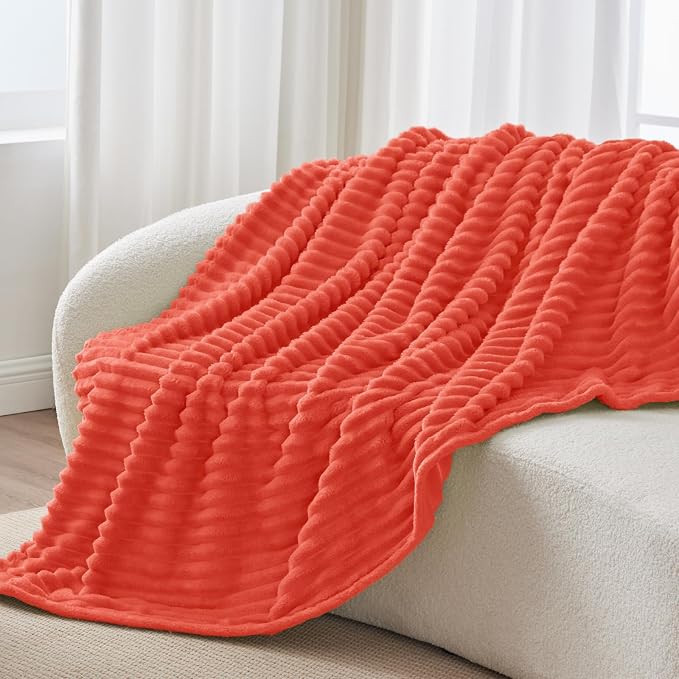 BEDELITE Striped Fleece Throw Blanket, Coral Red, Soft Cozy, Lightweight Warm - Image 8