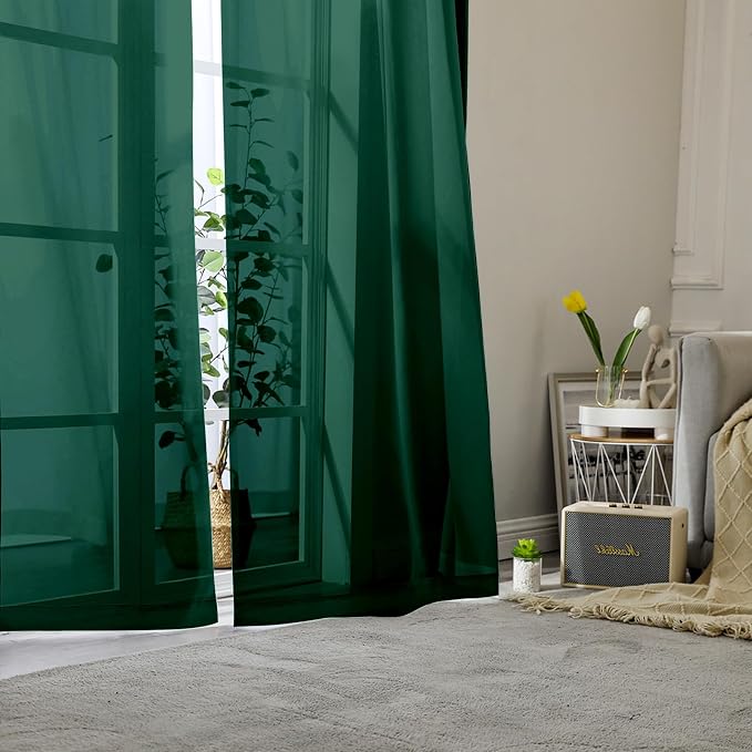 Hunter Green Sheer Curtains 96 Inches Long 2 Panels, Airy Voile Solid Curtains - Image 2