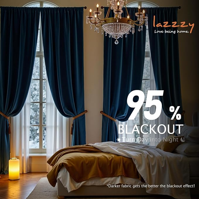 Lazzzy Velvet Blackout Curtains Thermal Insulated Room Window Drapes Super Soft Luxury Curtains for Living Room Bedroom Rod Pocket 2 Panels, Dark Blue, 52" W x 90" L