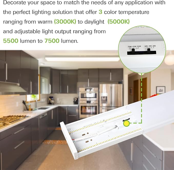 4 Pack 4FT LED Wraparound Light with 3 Wattages/3 Lumens/3 CCT Selectable, 55W/65W/75W, 5500lm/6500lm/7500lm, 3000K/4000K/5000K 4 Foot LED Wrap Light Fixture, Flush Mount Office Ceiling Light, ETL