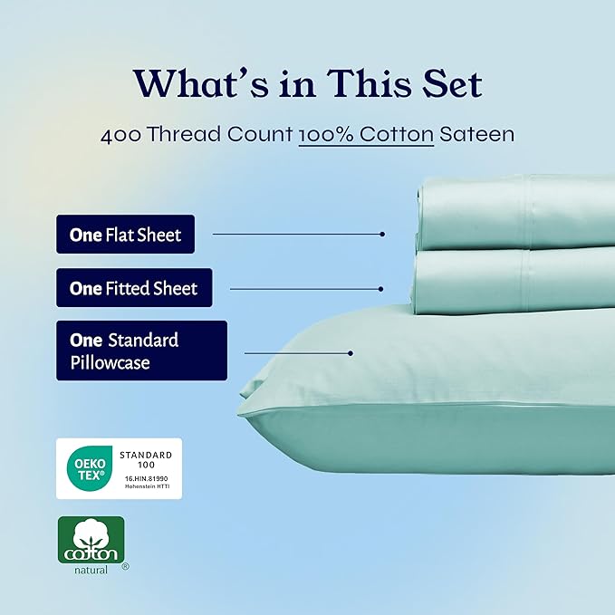 California Design Den Twin XL Sheet Sets - Soft 400 Thread Count Sateen, Natural 100% Cotton Sheets Set with Deep Pockets, Cooling and Durable Bedding - Seafoam