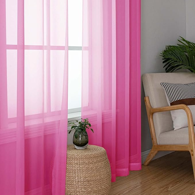 Hot Pink Sheer Curtains 78 Inches Long 2 Panels, Rod Pockets Solid Voile Living - Image 2