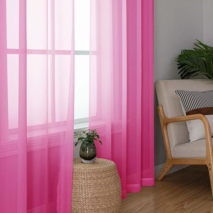 Hot Pink Sheer Curtains 90 Inches Long 2 Panels, Solid Voile Privacy Window - Image 2