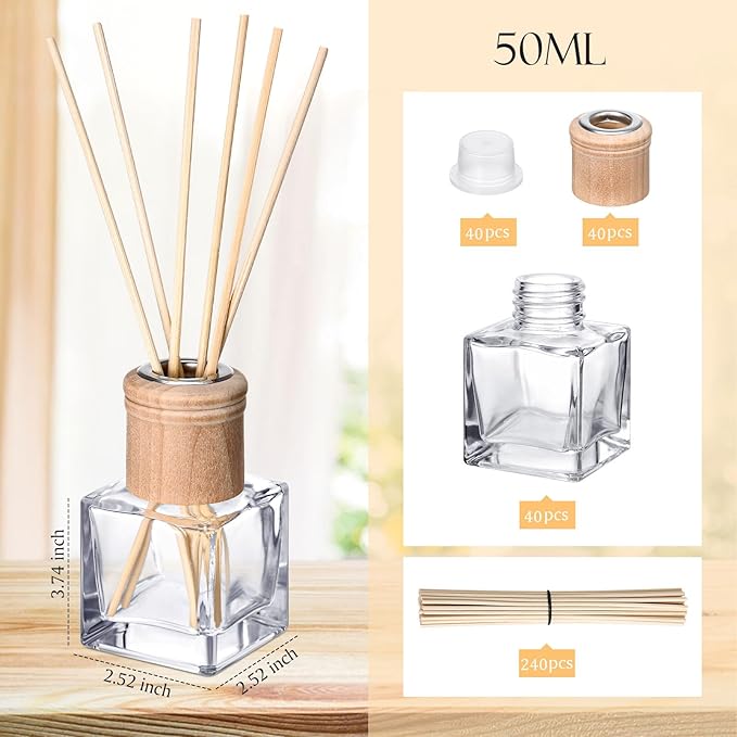 Roshtia 40 Set Reed Diffuser Bottle Empty Refillable Fragrance Glass Diffuser Bottles with Wooden Caps Rattan Sticks 50ml 1.7 oz Glass Jars for DIY Fragrance