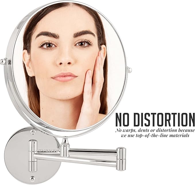 OVENTE 9" Wall Mounted Makeup Mirror with 1X/7X Magnification, Double Sided Magnifying Round Bathroom Vanity Mirror, 360° Swivel Design, Extendable and Folding Arm, Polished Chrome MNLFW90CH1X7X