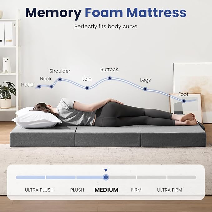 Foldable Mattress Cot 6 inch -Portable Grey Memory Foam Folding Matress with Washable Cover for Camping Travel Guest Room Home Use-Non-Slip&Easy Storage