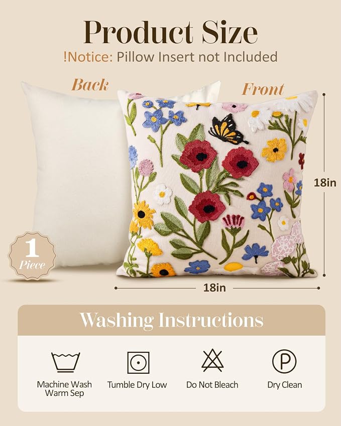 Embroidered Throw Pillow Cover 18x18 Inch, Retro Flower | Decorative Pillow - Image 4