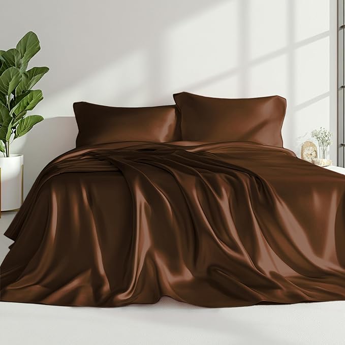 Love's cabin Twin XL Satin Sheet Sets - 3 Piece Brown Silky Bed Sheets with Deep Pockets, Luxury Silk Feel Satin Sheet Set Twin XL (1 Flat Sheet,1 Fitted Sheet,1 Pillow case)