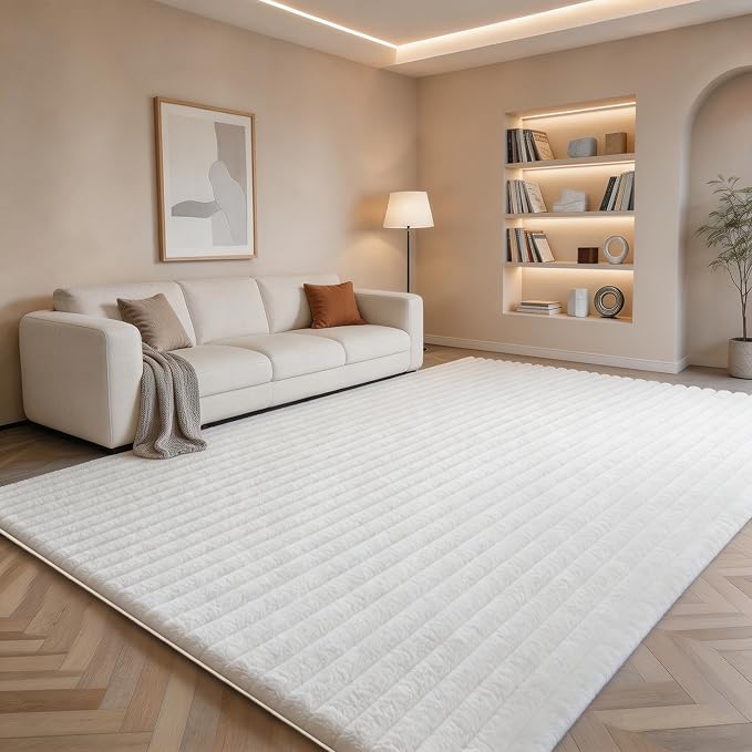 White Rabbit Striped Plush Rug 8'x10', Fluffy Shaggy Area Rug - Image 3