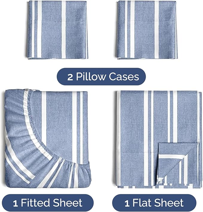 Twin 4 Piece Sheet Set - Comfy Breathable & Cooling - Soft Hotel Luxury Bedding Set with 8-16 Inch Deep Pockets - 1 Flat & 1 Fitted Sheet & 2 Pillowcases - Wrinkle Free & Easy Care - Blue Stripes 3