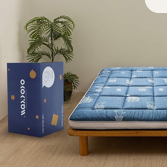 MAXYOYO Grey Cactus Pattern Full Size Futon Mattress, Quilted Bed Mattress Topper, Extra Thick Folding Sleeping Pad, Breathable Floor Lounger, Guest Bed for Camping, Couch
