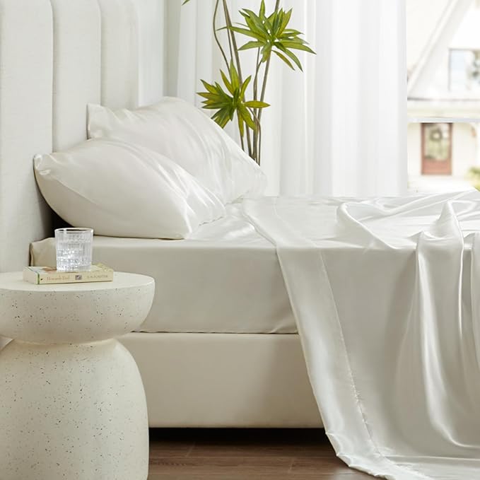 Love's cabin Twin XL Satin Sheet Sets - 3 Piece Ivory Silky Bed Sheets with Deep Pockets, Luxury Silk Feel Satin Sheet Set Twin XL (1 Flat Sheet,1 Fitted Sheet,1 Pillow case)