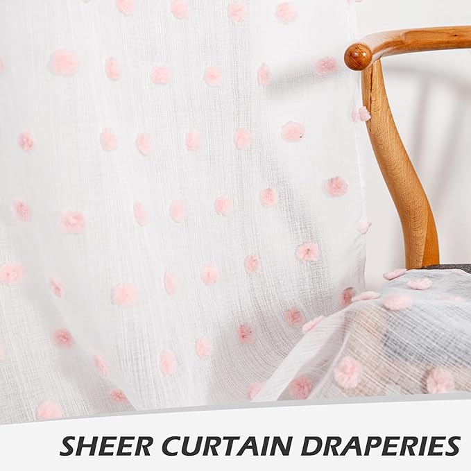 MYSKY HOME Pink Kitchen Curtains for Girls Bedroom - 45 Inch Pom Pom Sheer Light Filtering Panels for Nursery, Kids Room - Rod Pocket Cafe Small Window - 38 x 54 in Set of 2