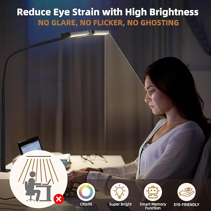 Led Desk Lamp for Home Office, Eye-Care Architect Light with Clamp, Smart Double Head Computer Monitor Table Clip Lamp, Adjustable Flexible Gooseneck, 25 Lighting Models, Task Lamp, Black