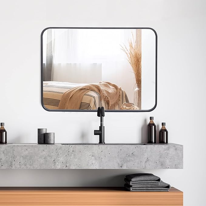 SUPER DEAL 22x30 Inch Black Wall Mirror for Bathroom, 2PCS Wall Mounted Rectangular Entryways Decor Vanity Mirrors with Stainless Steel Metal Frame and Rounded Edge