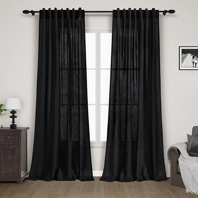 Black Linen Blend Semi Sheer Curtains 86 Inches Long 2 Panel Set Pocket Back by Nanspring