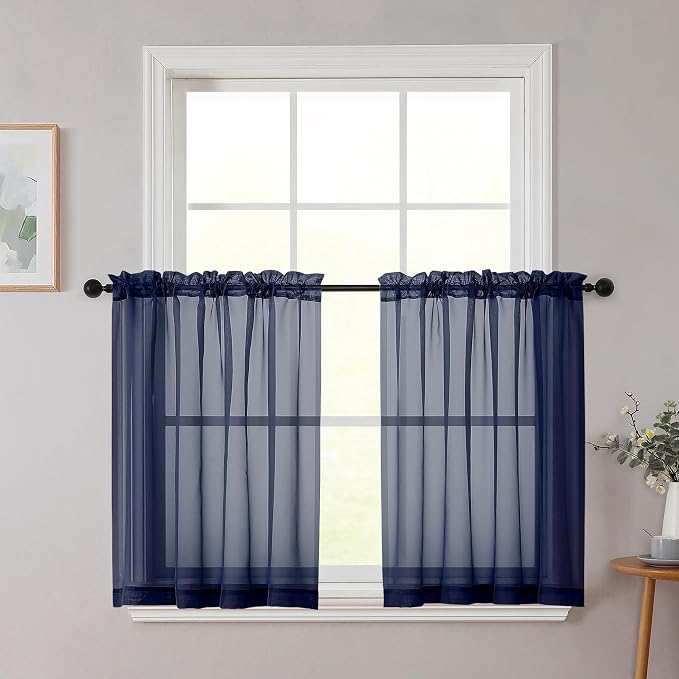Navy Blue Kitchen Curtains 30 Inch Length Tier 2 PCS, Solid Soft Airy Half by WelvetBLK