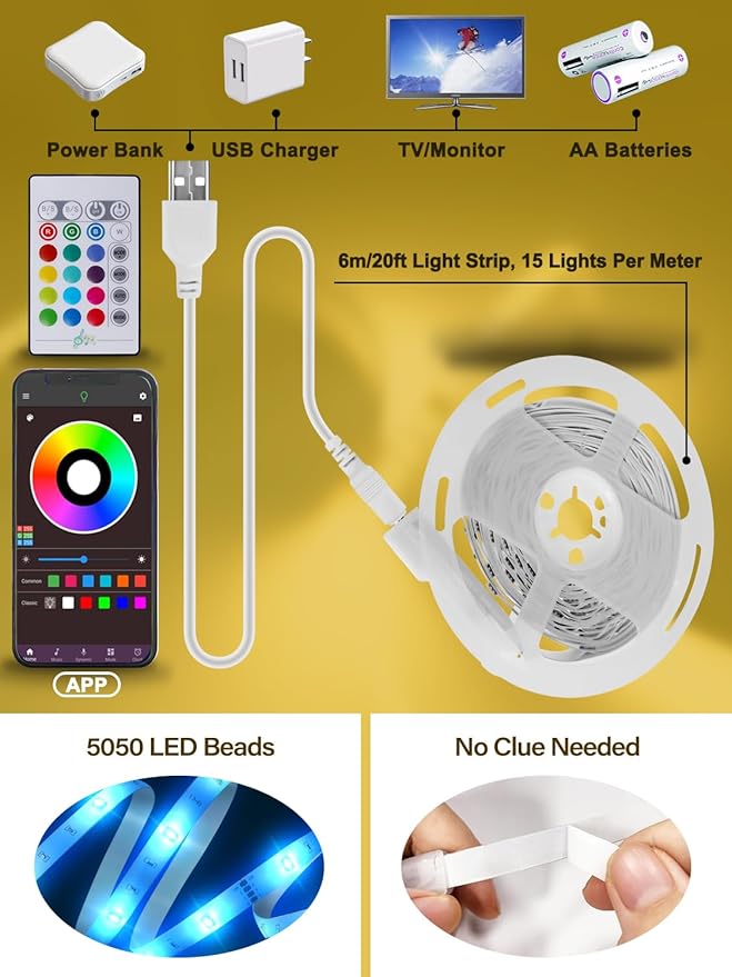 Led Lights for TV, 20ft TV Backlight for 32-80 Inch, USB Light Strip with Remote, App Control, RGB Strip Lights Music Sync Color Changing Led Lights for Bedroom, Gaming Accessories
