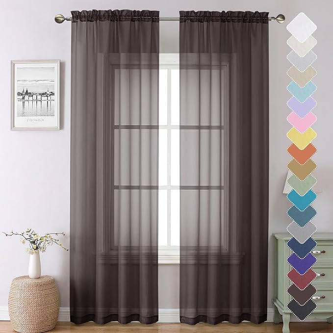 Sheer Curtains 90 Inch Long 2 Panels, Chocolate Light Filtering Living Room by Lecloud