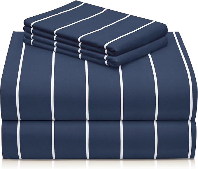LuxClub 4 PC Full Size Sheet Set Bed Sheets, Breathable Luxury Deep Pockets Wrinkle Free Cooling Sheets Machine Washable Hotel Bedding (Full, Striped Navy)