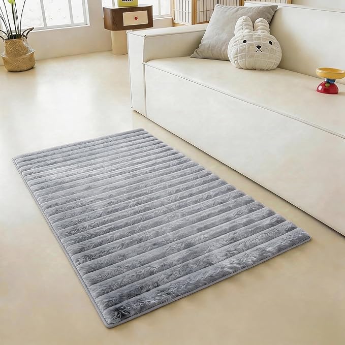 Blue Grey Rabbit Striped Plush Rug 2'x3', Fluffy Shaggy Area Rug - Image 2