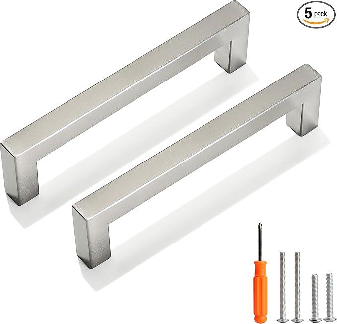 Cabinet Pulls Brushed Nickel Cabinet Handles Square Drawer Pulls, 5 Pack 5 Inch Stainless Steel Kitchen Door Cupboard Cabinet Handles, Cabinet Hardware Drawer Handles, 128mm Hole Centers