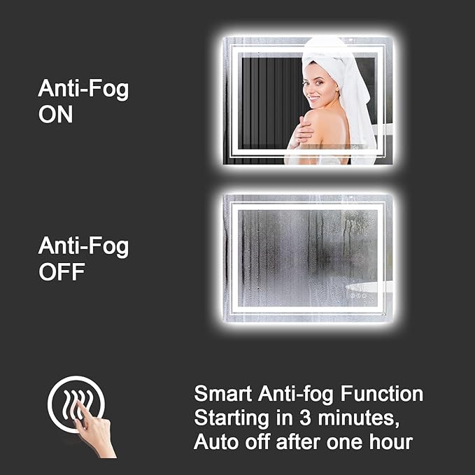 LED Bathroom Mirror, 48"X30" with Front and Backlit, Anti-Fog, Large Bathroom Vanity Mirror for Wall, Memory Function, Stepless Dimmable, Tempered Glass (Horizontal/Vertical)